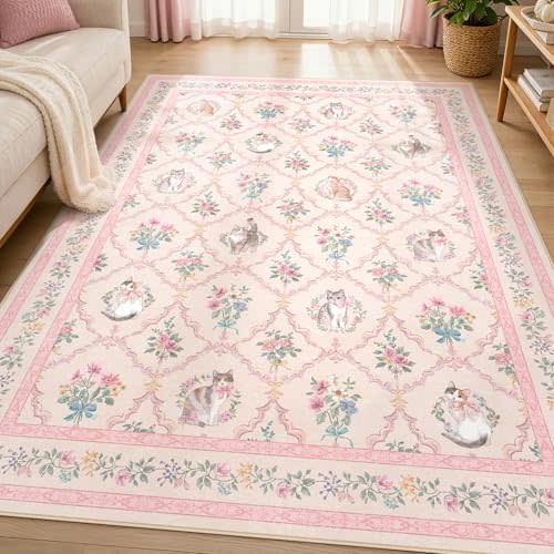5x7 Pink Floral Cat Rug for Girls Bedroom, Washable Non Slip Area Rug for Nursery, Kids Room, Reading Nook, Dorm, Soft Low Pile Cute Vintage Carpet