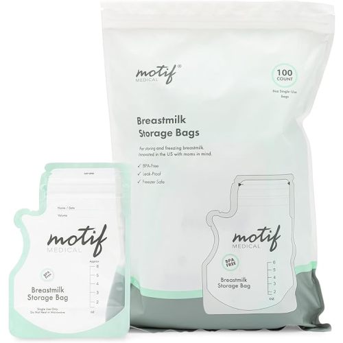 Motif Medical Breastmilk Storage Bags - Freezer Bag w/Easy Pour Spout, Write-On Label - Leak-Proof Double Zipper Milk Bags for Breastmilk - Breastfeeding Mom Gifts (6 oz, 300 Count)