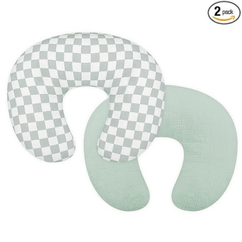 DILIMI Muslin Nursing Pillow Cover 2 Pack, Removable Nursing Cover for Breastfeeding Pillows, Ultra Soft Comfortable Slipcover for Baby Girl and Boy, Green and Checkered