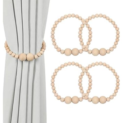 KLOGTSIND Magnetic Curtain Tiebacks, 4 Pack Curtain Holdbacks for Draperies, Wood Bead Curtain Tiebacks, Elegant Curtain Tie Backs for Bedroom Decor, Boho Room Decor, Nursery Decor, Farmhouse Décor