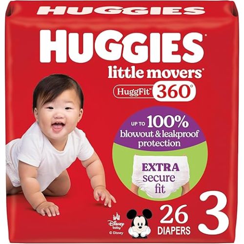 Huggies Size 3 Baby Diapers, Little Movers HuggFit 360° Baby Diapers with 360° Waistband, Size 3 (16-28 lbs), 26 Count, Packaging May Vary