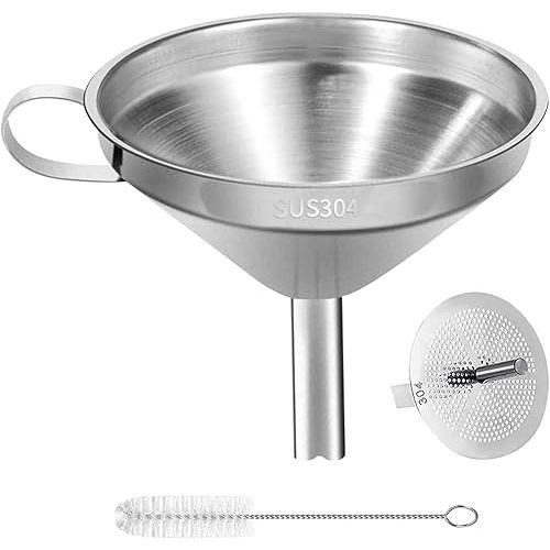 Stainless Steel Kitchen Funnel, 4.3-Inch Food Grade Metal Funnel with Strainer for Filling Bottles, Transferring Liquid, Oil, Juice, Milk