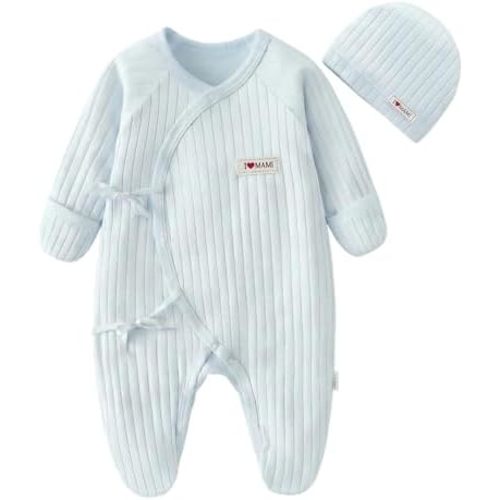 Newborn Baby Unisex Onesie 0-3 Months, Cotton Ribbed Long Sleeve Clothes, Baby Boy's & Girls' Footies With Hat