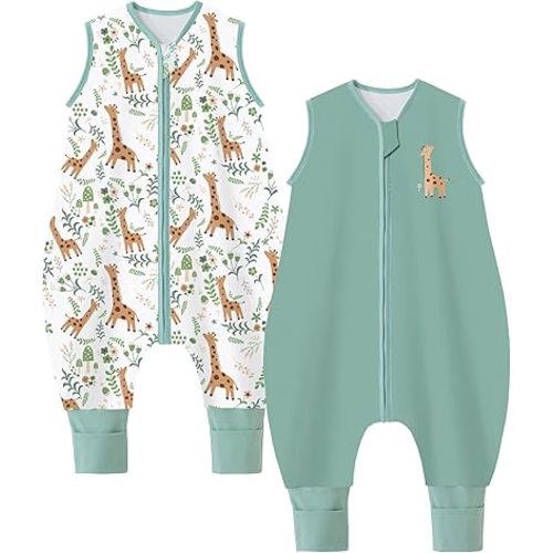Chilsuessy Toddler Sleep Sack with Feet 3-4 T, 1.0 TOG Cotton Baby Wearable Blanket with Legs, Sleep Bag Walker with 2-Way Zipper, Green + Giraffe