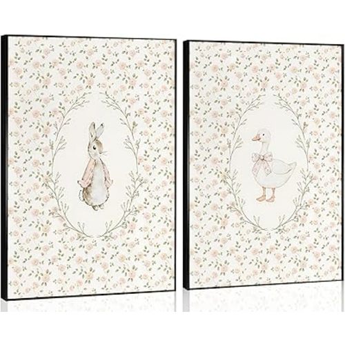 2Pcs Vintage Nursery Wall Art Cute Bunny and Silly Goose Canvas Wall Decor Pink Floral Botanical Cute Animal Paintings Prints Posters for Baby Kids Bedroom Farmhouse Girl's Room Decor 12x16in Unframed