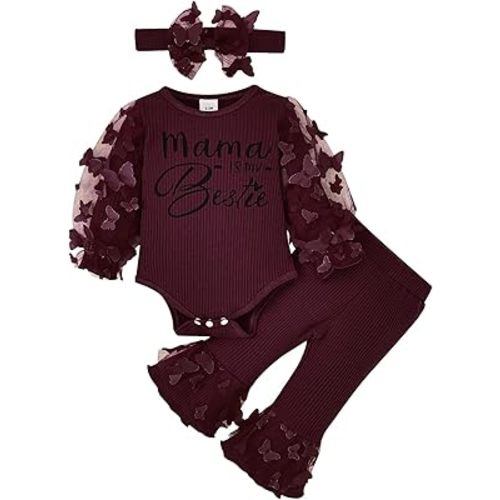 Baby Girl Clothes Newborn Outfits 3D Butterfly Long Sleeve Romper Flare Pants with Bow Headband Set 0-18 Months