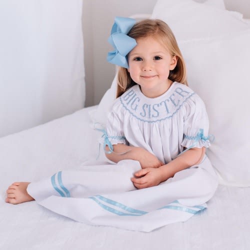 Smocked Big Sister Bishop Dress White with Blue Hand Smocking