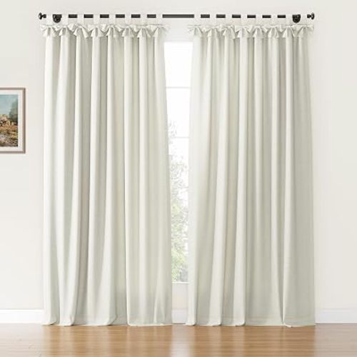 TWOPAGES Tab Top Linen Curtain with Bow Tie 84 inches Long, Off White Light Filtering Privacy Window Drapes for Kids Room Bedroom Play Room Nursery(72Wx84L,1 Panel)