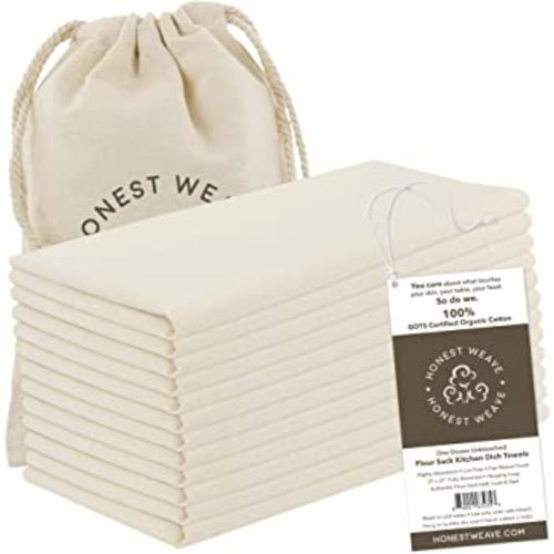 HONEST WEAVE GOTS Certified 100% Organic Flour Sack Cotton Kitchen Hand and Dish Towel Sets - Extra Large 27x27 inches, Fully Hemmed, 12-Pack, Natural Tan