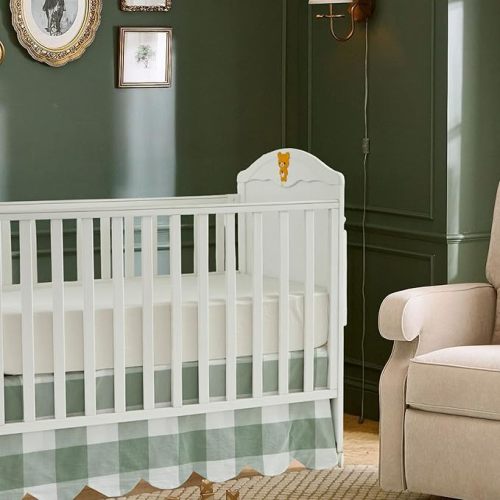 Brandream Scallop Edge Cotton Crib Skirt Toddler Bedskirt Baby Nursery Crib Bed Skirt Boho Bohemian Neutral Solid Color Sage Green Buffalo Plaid Gingham Farmhouse Chic Bedding Skirt