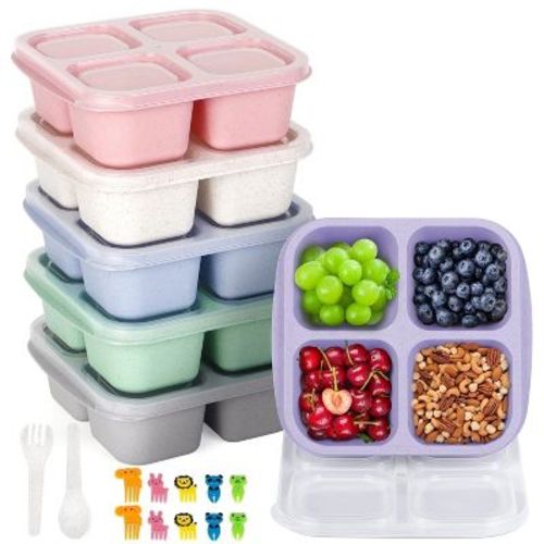 6-Pack Wheat Straw Bento Boxes, 4-Compartment Leak-Proof, Stackable Meal Prep Containers