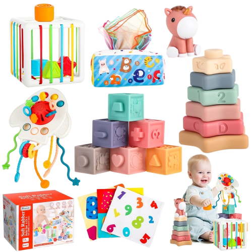 UQN Montessori Toys, 6 in 1 Baby Teething Sensory Set for 6-12 Months, Stacking Learning Gifts