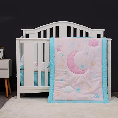 Pink & Star Moon Nursery Crib Bedding Set for Girls 3 PCs Pink Blue Star Moon Baby Girl Bedding Set Quilt, Fited Sheet, Skirt