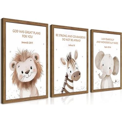 Dytila Framed 3 Piece Christian Nursery Wall Decor, Jungle Themed Nursery Decor, Safari Baby Boy Room Wall Art, Animal Pictures Canvas Prints, Elephant Lions Zebra Paintings Kids Artwork 12x16 inch