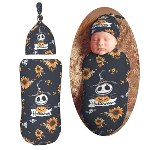 AuHomea Halloween Pattern in Black Skulls Newborn Swaddle Blanket with Beanie Set Soft Baby Sleep Sack Stretch Adjustable Swaddle Wraps Receiving Blankets