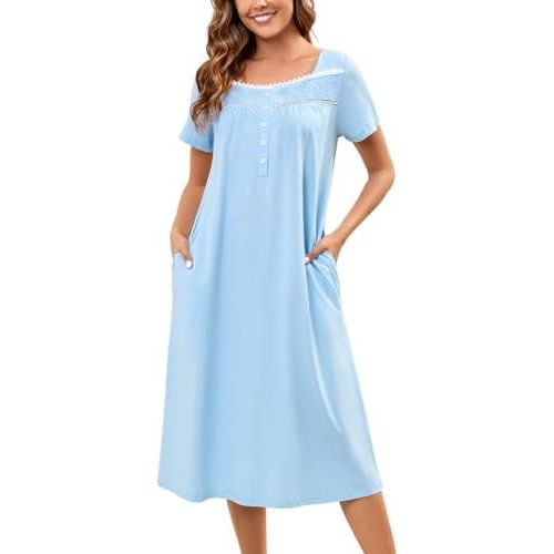 Bloggerlove 100% Cotton Nightgowns for Women Embroidery Pleated Button House Dress Long Moomoo Nightgown with Pockets