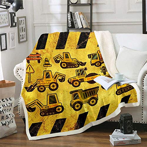 Erosebridal Excavators Flannel Blanket Equipment Trucks Sherpa Blanket Construction Tractor Throw Blanket, Yellow Vehicle Fuzzy Blanket for Kids Boys Teens, Kids Car Theme Room Baby Size