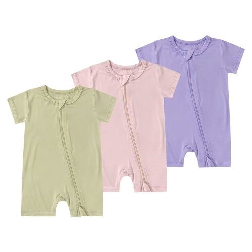 Teach Leanbh Unisex Baby 3 Pack Bamboo Viscose Pajamas 2 Way Zipper Short Sleeve Romper Jumpsuit Sleep and Play