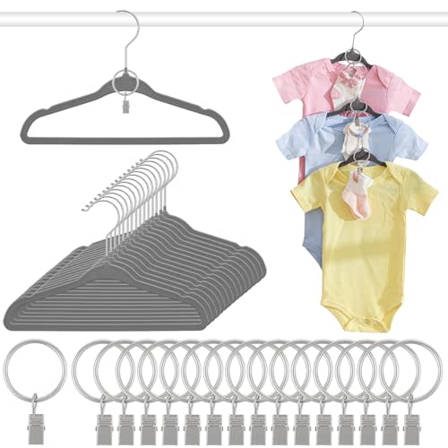 Hsei 25 Pack Gray Velvet Baby Hangers 11.02 Inch with Circle Hanging Clips Premium Non Slip Kids Felt Hangers for Closet, Space Saving Toddler Clothes Hanger for Infant Toddler