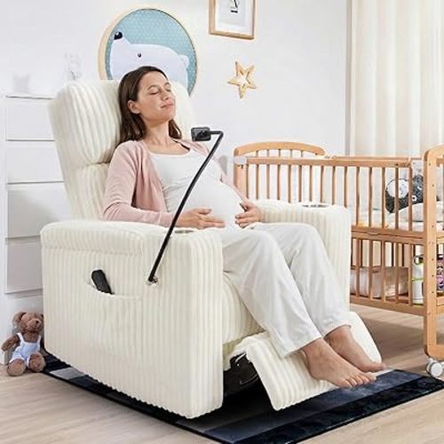 Power Swivel Rocking Chair Nursery with Armrest Storage, Skin-Friendly White Corduroy Nursing Chair Copy Thickened High-Density Foam Rocking Recliner with USB & C Port, Cup & Phone Holder