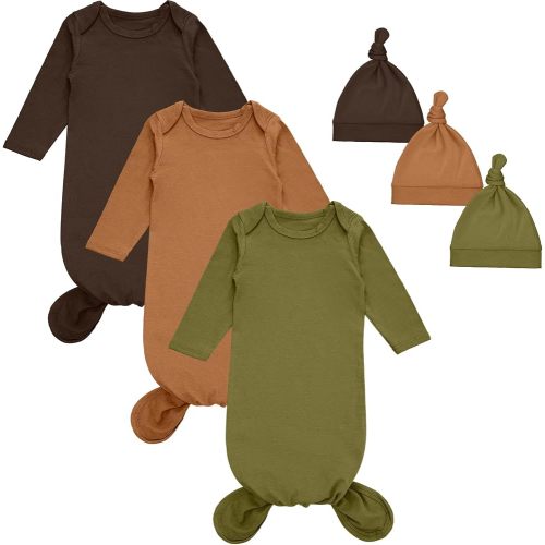 Cuffbow Newborn Baby Knotted Gowns Set 0-6 Months Cotton Sleeper Long Sleeve Nightgown and Hat Set for Infant Baby