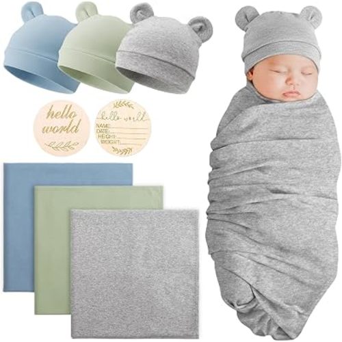DRESHOW BQUBO Cotton Baby Swaddle Hat Set Newborn Infant Receiving Blankets with Bear Ears Hat Wooden Birth Announcement Card Newborn Unisex Swaddle Wrap Sets Warm Shower Gift