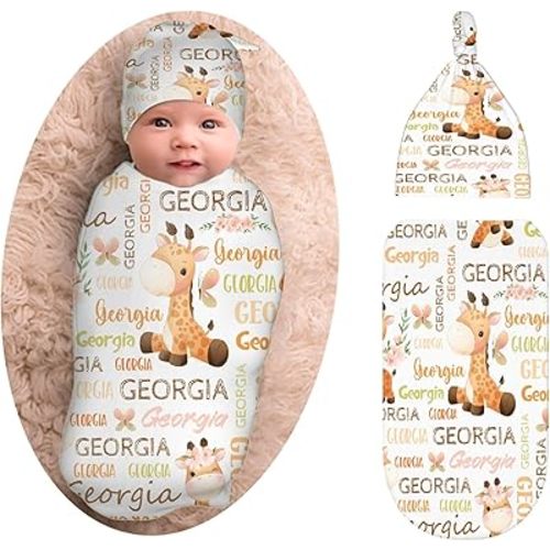 Personalized Baby Swaddle Blanket & Hat Set for Boys Girls, Customized Newborn Gifts, Custom Giraffe Receiving Blanket with Name, Ultra Soft Nursery Swaddle Wrap, Swaddling Sleeping Sacks