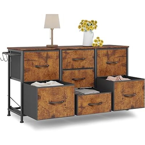 Fabric Dresser for Bedroom, Small Dressers for Kids Bedroom, 7 Drawers Dresser for Closet, Storage Organizer Chest of Drawers for Nursery, Dorm, Apartment, TV Stand, Wood Top, Side Hook (Rustic Brown)