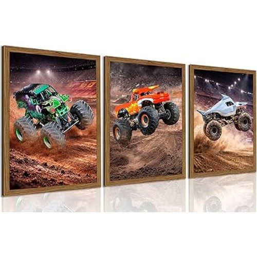 Monster Truck Wall Decor for Boys, 3 Piece Framed Canvas Wall Art 8x10 Inch, Off Road Truck Posters for Kids Bedroom, Playroom Vehicle Pictures, Car Themed Room Decorations