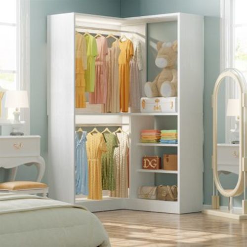 Aheaplus Corner Closet System with Shelf, Freestanding Closet Organizer with 2 Hanging Rods