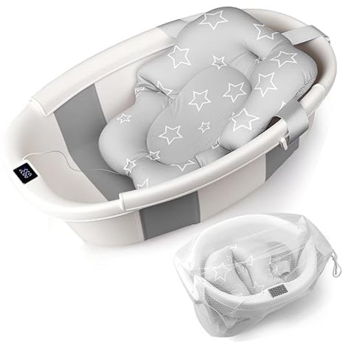 EverKiddo Baby Bathtub, Baby Bath Tub with Thermometer & Soft Cushion, Collapsible Infant Bathtub for Newborn to Toddler 0-36 Months, Quick Use & Portable for Travel(Grey)