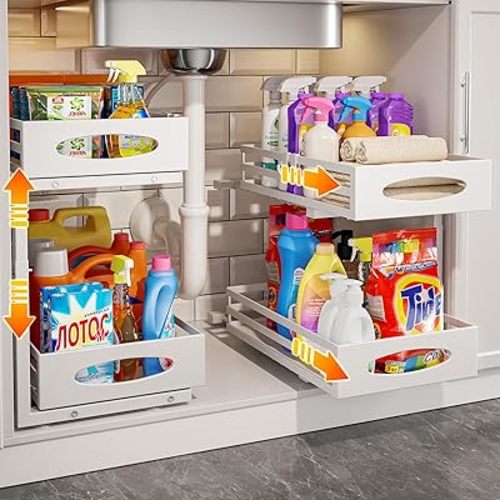 Under Sink Organizer, 2 Tier Under Sink Organizers and Storage, Adjustable Height, Slide out Metal Cabinet Organizers, Pull out Cabinet Storage Drawer Shelf for Kitchen Bathroom White, 2 Pack