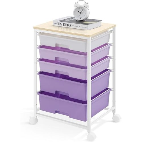 SYKIARIOL Utility Cart with 5 Drawers,Storage Drawer Cart with Wooden Tabletop and Lockable Wheels,Craft Storage Trolley Cart,5-Tier Rolling Utility Cart on Wheels,Purple