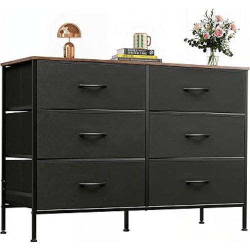 WLIVE Dresser for Bedroom with 6 Fabric Drawers, Black and Rustic Brown