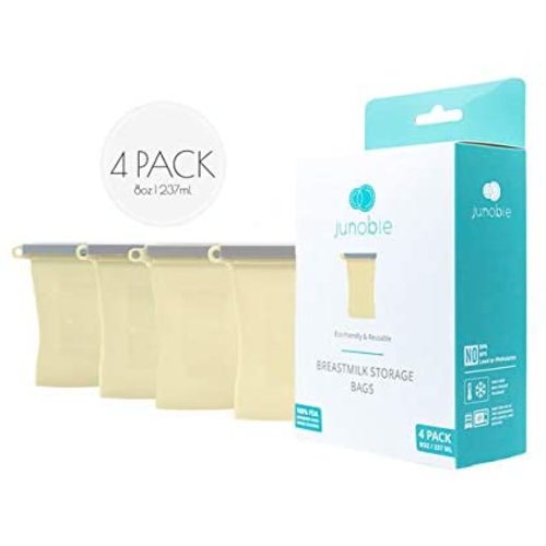 Yellow JUNOBIE Bag 4-Pack | Reusable Breastmilk Storage Bags | Food Grade Silicone Pouches to Grow with Your Baby | Multi-Use: Milk Storage Container, Baby Food Pouch & Toddler Snack Pack (8oz Each).