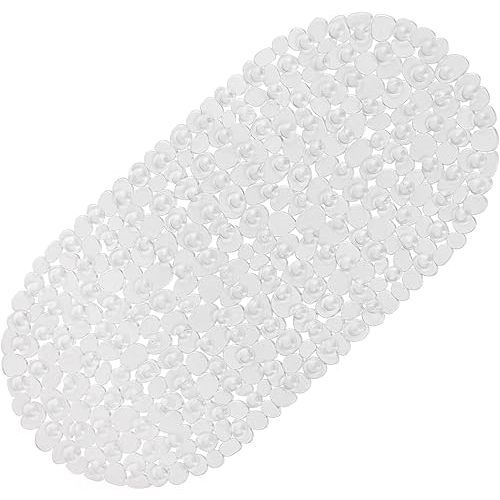 WELTRXE Pebbles Bath Mat Clear Non-Slip Bathtub Mat with Suction Cups, Drain Holes for Bathroom Showers, Tub, Machine Washable, BPA, Latex Free Safe Shower Mats, Oval 27 x 14 Inch