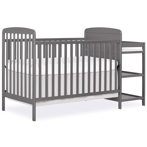 Dream On Me Anna 3-in-1 Convertible Full-Size Baby Crib & Changer with Storage in Steel Grey, GreenGuard Gold & JPMA, Pinewood, Converts to Day & Toddler Bed, 3 Mattress Heights, 1 Changing Pad