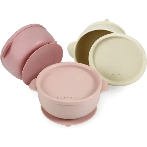 PandaEar 3 Pack Baby Bowls with Suction| Leak-Proof Stay Put Silicone Food Bowl with Lids for Babies Kids Toddlers Infants| Food Grade Soft Safe BPA-Free Silicone (Pink Rose Linen)