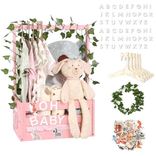 Tesabmi Baby Shower Crate Closet, Personalized Wooden Baby Shower Gift Basket with Custom Name Letters, Clothes Hangers and Vine, Pink