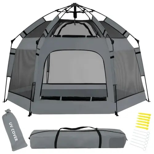Pop Up Playpen for Babies with Canopy & Safety Lock - Outdoor Baby Playpen with 6 Ground Stakes & 6 Sand Stakes, UV Protection & Carry Bag, Instant Beach Tent for Indoor/Outdoor Use(Grey)