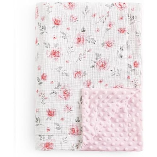 david's kids Muslin Minky Baby Blanket for Girls with Muslin Cotton Front and Dotted Fleece Backing, Breathable and Soft Lightweight Receiving Blanket for Newborns, 30x40 Inches, Floral