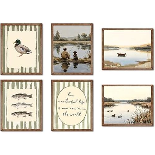ZYANGZY Vintage Fishing Poster Set of 6, Retro Mallard Duck Wall Art Painting Rustic Nursery Wall Decor Dog and Boy Canvas Picture Prints for Farmhouse Bedroom Living Room 8x10 inch Unframed