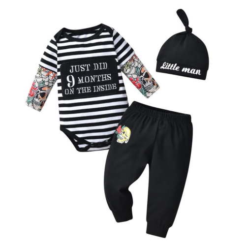 Newborn Infant Baby Boy Clothes Long Sleeve Stripe Letter Print Romper Pants and Hat Outfits Set Black 0-3 Months