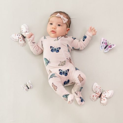 Zippered Footie in Blush Butterfly - Kyte Baby Bamboo Baby Clothes, Sleep Bags & Essentials