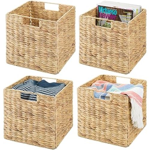 mDesign Natural Woven Hyacinth Cube Organizer Basket with Handles, Storage for Bathroom, Laundry Room Shelf or Nursery - Perfect for Cubby Storage Units - Hold Blankets and Books - 4 Pack, Natural/Tan