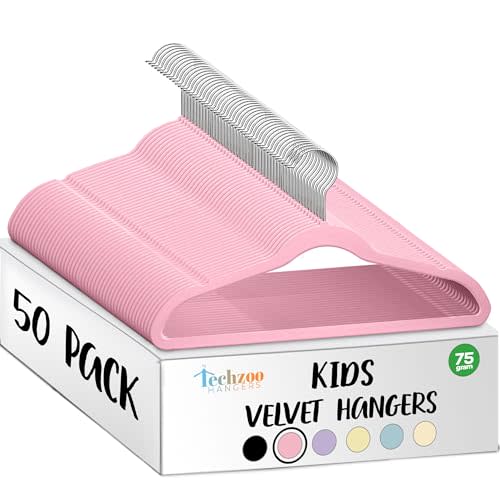 TechZoo 50 Premium Kids Velvet Hangers - 14" Non-Slip Clothes Hangers for Kids & Preteens - Ultra Slim, Space-Saving, Strong & Durable Hangers with 360° Swivel Hook - Pink