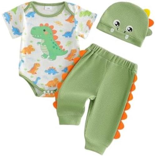 Lamuusaa Newborn Baby Boy Clothes 0 3 6 12 18 Months Short Sleeve Dinosaur Romper Long Pants Hat 3Pcs Summer Outfit