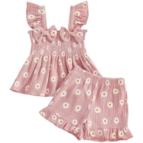 Toddler Baby Girl Outfits Little Girls Summer Spring Clothes Kids Daisy Bow Ruffled Smocked Tank Top + Shorts Set