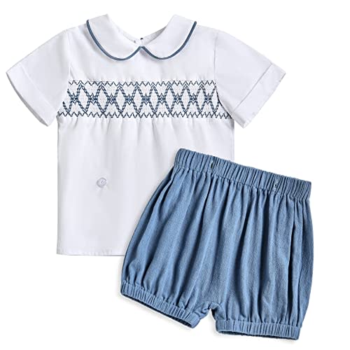 Booulfi 3 Month 4t Boys Clothes Boy Baptism Outfit Toddler Boy Clothes | Boys Christening Outfits,Linen Cotton Little Boy Button Secure Shorts,Collared Boys Lace Pleats Shirts Boy Heirloom Outfit