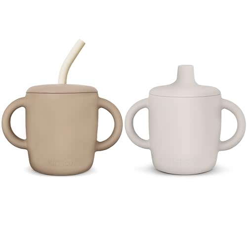 KIDSco. Silicone Sippy Cup with Easy Grip Transition Handles, Soft Spout and Straw. A Non Toxic No Spill Unbreakable Training Cup 5oz/150ml (Oat and Tan)